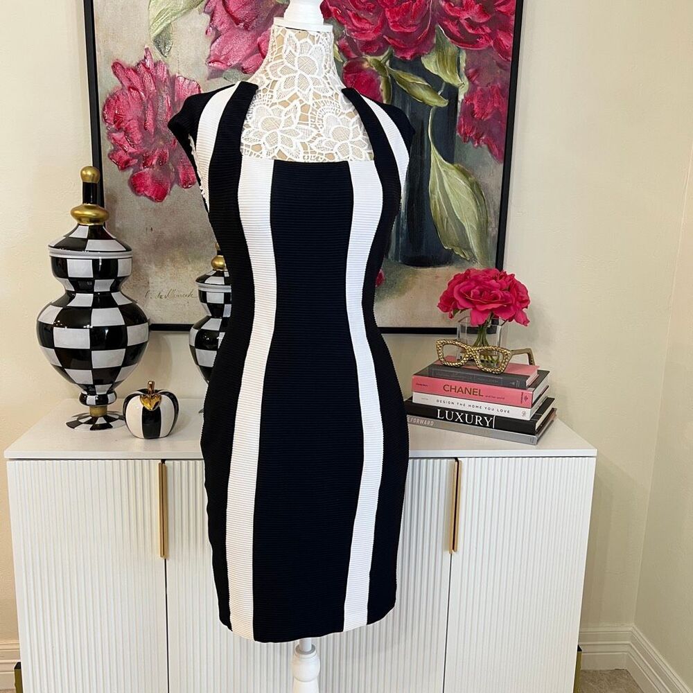 Cache Women's Colorblock Ribbed Square Neck Sheath Dress Black White Size 4